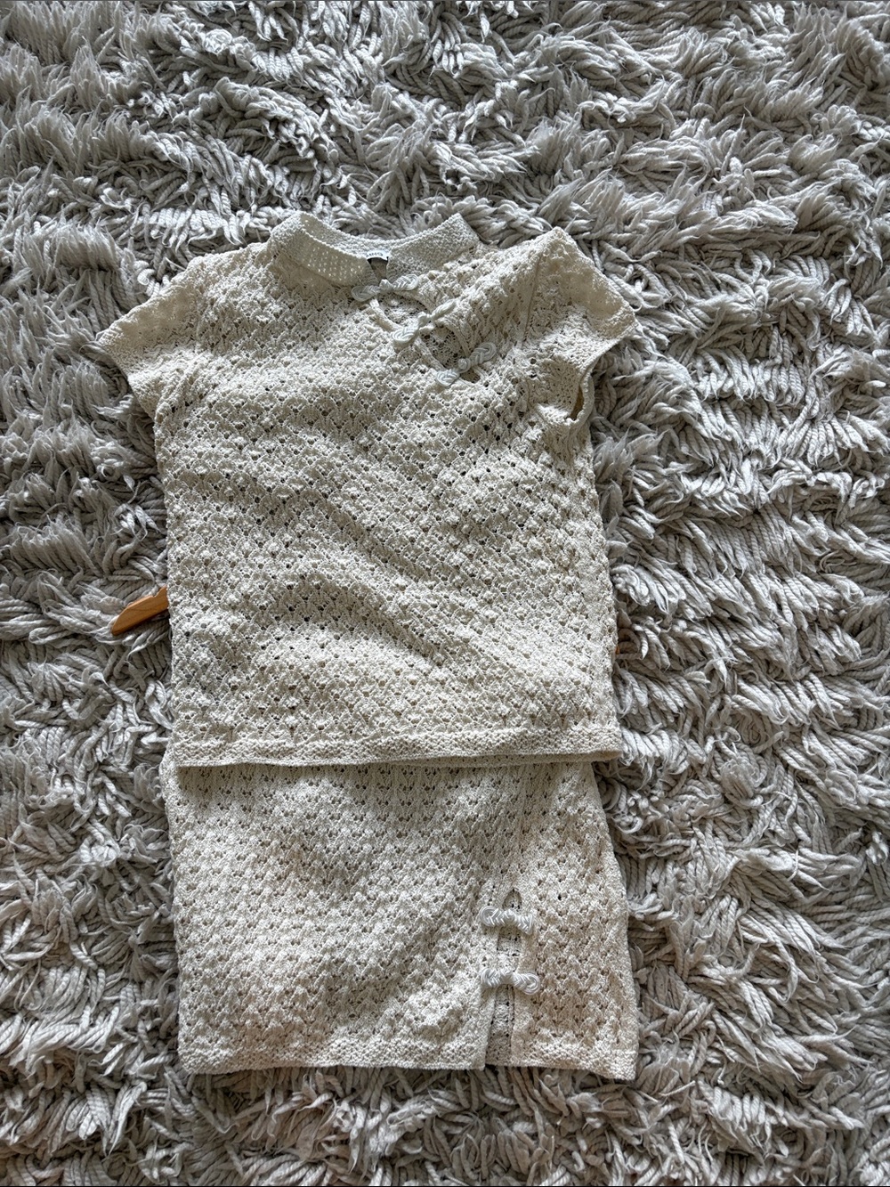 Mango Cream Crochet Knit Collar Short Sleeve Skirt Set